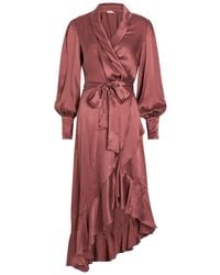 Zimmermann - Asymmetric Silk Midi Wrap Dress - Lyst