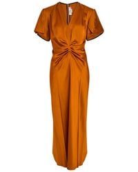 Victoria Beckham - Eve Gathered Satin Midi Dress - Lyst