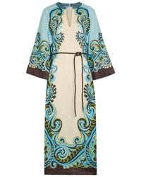 ALÉMAIS - Natalia Printed Belted Linen Midi Dress - Lyst