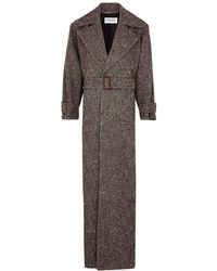 Saint Laurent Belted Herringbone Wool-blend Coat in Gray | Lyst