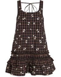 Ganni - Checked Floral-Embroidered Cotton-Poplin Mini Dress - Lyst