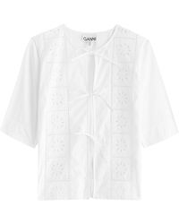 Ganni - Broderie Anglaise Tie-Front Cotton Top - Lyst