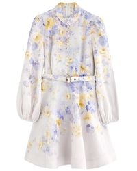 Zimmermann - Crush Floral-Print Belted Linen Mini Dress - Lyst