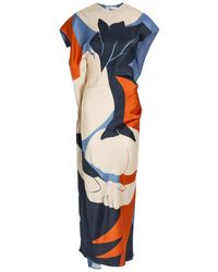 Victoria Beckham - Victoria Printed Draped Satin Midi Dress - Lyst