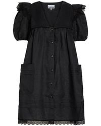 Ganni - Lace-Trimmed Linen Mini Dress - Lyst