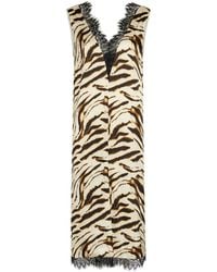 Ganni - Printed Lace-Trim Satin Midi Dress - Lyst