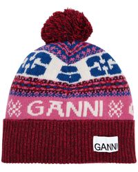 Ganni - Pompom Logo-intarsia Wool-blend Beanie - Lyst