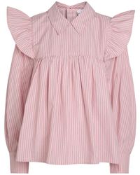 Ganni - Striped Ruffle Cotton-Poplin Blouse - Lyst