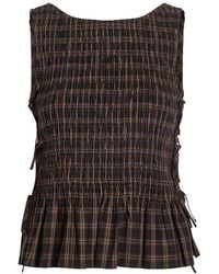 Ganni - Checked Shirred Cotton-Poplin Top - Lyst