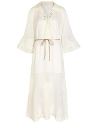 Zimmermann - Indra Embroidered Belted Ramie Maxi Dress - Lyst
