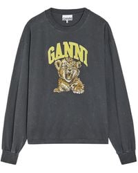 Ganni - Printed Long-Sleeve Cotton T-Shirt - Lyst