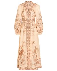 Zimmermann - Indra Printed Plunge Linen Midi Dress - Lyst