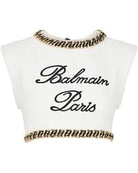 Balmain - Logo-embroidered Cropped Tweed Top - Lyst