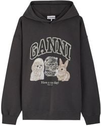 Ganni - Printed Hooded Cotton Sweatshirt - Lyst