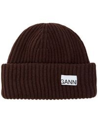 Ganni - Logo-Appliquéd Ribbed Wool-Blend Beanie - Lyst