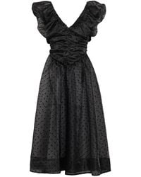Ganni - Polka-Dot Ruched Organza Midi Dress - Lyst