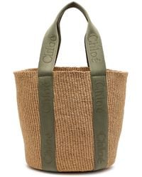 Chloé - Woody Logo-Embroidered Raffia Basket Bag - Lyst