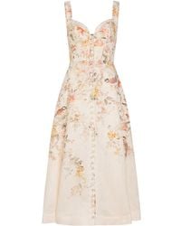 Zimmermann - Luna Floral-Print Linen Midi Dress - Lyst