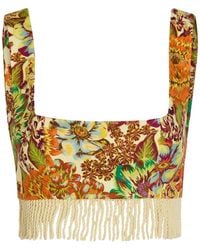 ALÉMAIS - Lana Floral-Print Fringed Linen Crop Top - Lyst
