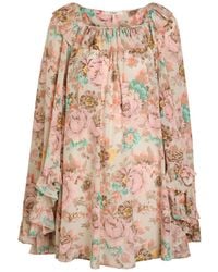 Chloé - Bouquet-Printed Organic Silk Crepe De Chine Mini Cape Dress - Lyst