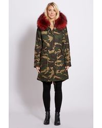 Popski London 3-4 Camouflage Parka With Burgundy Fur Collar And Lining - Multicolor