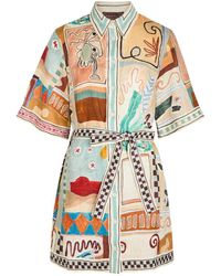 ALÉMAIS - Michelle Printed Belted Linen Mini Shirt Dress - Lyst