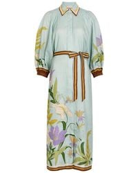 ALÉMAIS - Alfie Belted Printed Linen Midi Shirt Dress - Lyst