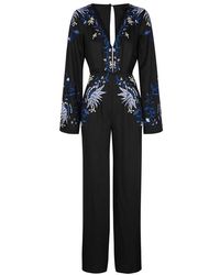 Free People Gypsy Rose Embroidered Jersey Jumpsuit - Black