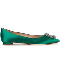 Manolo Blahnik - Hangisi 10 Emerald Silk-Satin Flats, Pumps, 4 - Lyst