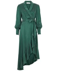 Zimmermann - Ruffled Silk-satin Midi Wrap Dress - Lyst