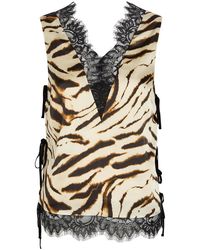 Ganni - Printed Lace-Trim Satin Top - Lyst