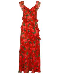 RIXO London - Gail Printed Ruffled Silk Maxi Dress - Lyst