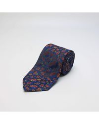 Harvie & Hudson - Navy And Orange Large Floral Woven Silk Tie - Lyst