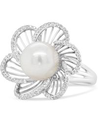 Haus of Brilliance - 14K 11Mm Round Pearl And 1/3 Cttw Round Diamond Openwork Flower Blossom Ring (H-I Color, Vs1-Vs2 Clarity) - Lyst