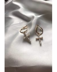 HAUS OF DECK Pearl Cross Drop Gold Hoop Earrings - Metallic