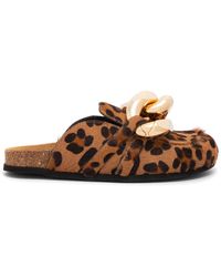 JW Anderson Leopard Print Pony Hair Chain Mule Loafers - Brown