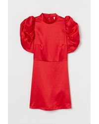 H&M Satinkleid mit Puffärmeln - Rot