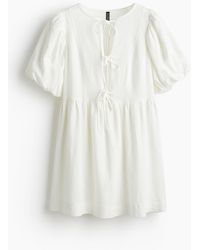 H&M - Kleid aus Leinenmischung mit Puffärmeln - Lyst