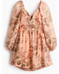 H&M - Kleid mit Puffärmeln und Bindedetail - Lyst