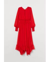 H&M Lange Jurk Met Smokwerk - Rood