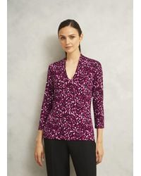 Hobbs - Burgundy Aimee Printed V Neck 3/4 Sleeve Top - Lyst