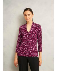 Hobbs - Burgundy Aimee Printed V Neck 3/4 Sleeve Top - Lyst
