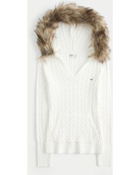 Hollister - Faux Fur Trim Hooded Cable-knit Sweater - Lyst