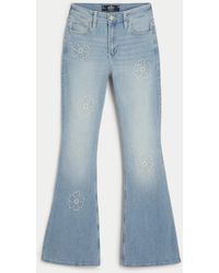Hollister - High-rise Medium Wash Floral Embroidered Flare Jean - Lyst