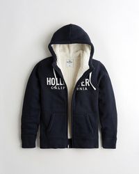 Hollister Sherpa-lined Logo Full-zip Hoodie - Blue