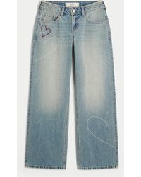 Hollister - Low-rise Medium Wash Heart Embroidery Baggy Jeans - Lyst