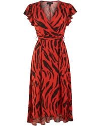 AX Paris - Tiger Print Flutter Sleeve Belted Wrap Midi Dress - Lyst