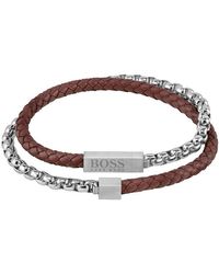 BOSS - Gents Blended Leather And Stainless Steel Bracelet - Lyst