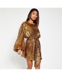 I Saw It First - Sequin Balloon Sleeve Tie Wasit Skater Dress - Lyst