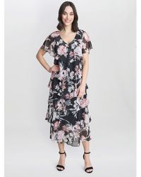 Gina Bacconi - Janice V Neck Printed Midi Tiered Dress - Lyst